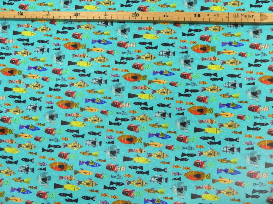 Preview: Fische bunt aqua türkis Patchworkstoff Benartex mit Maß